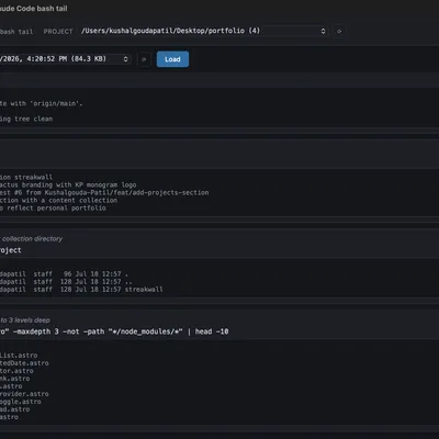 claudescope desktop app showing a history view of Claude Code bash commands, including git status, git log, ls, and find, each with their output