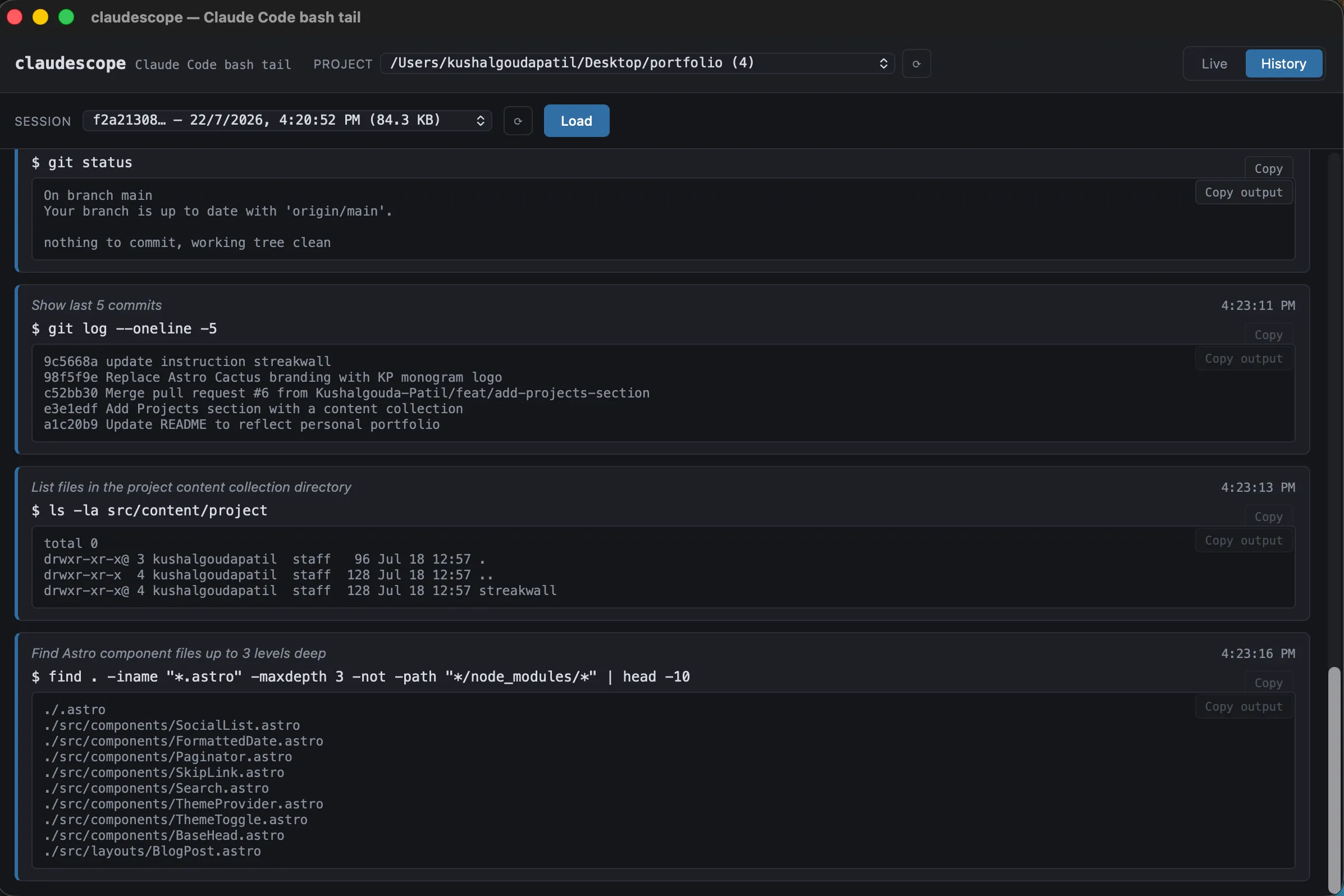 claudescope desktop app showing a history view of Claude Code bash commands, including git status, git log, ls, and find, each with their output